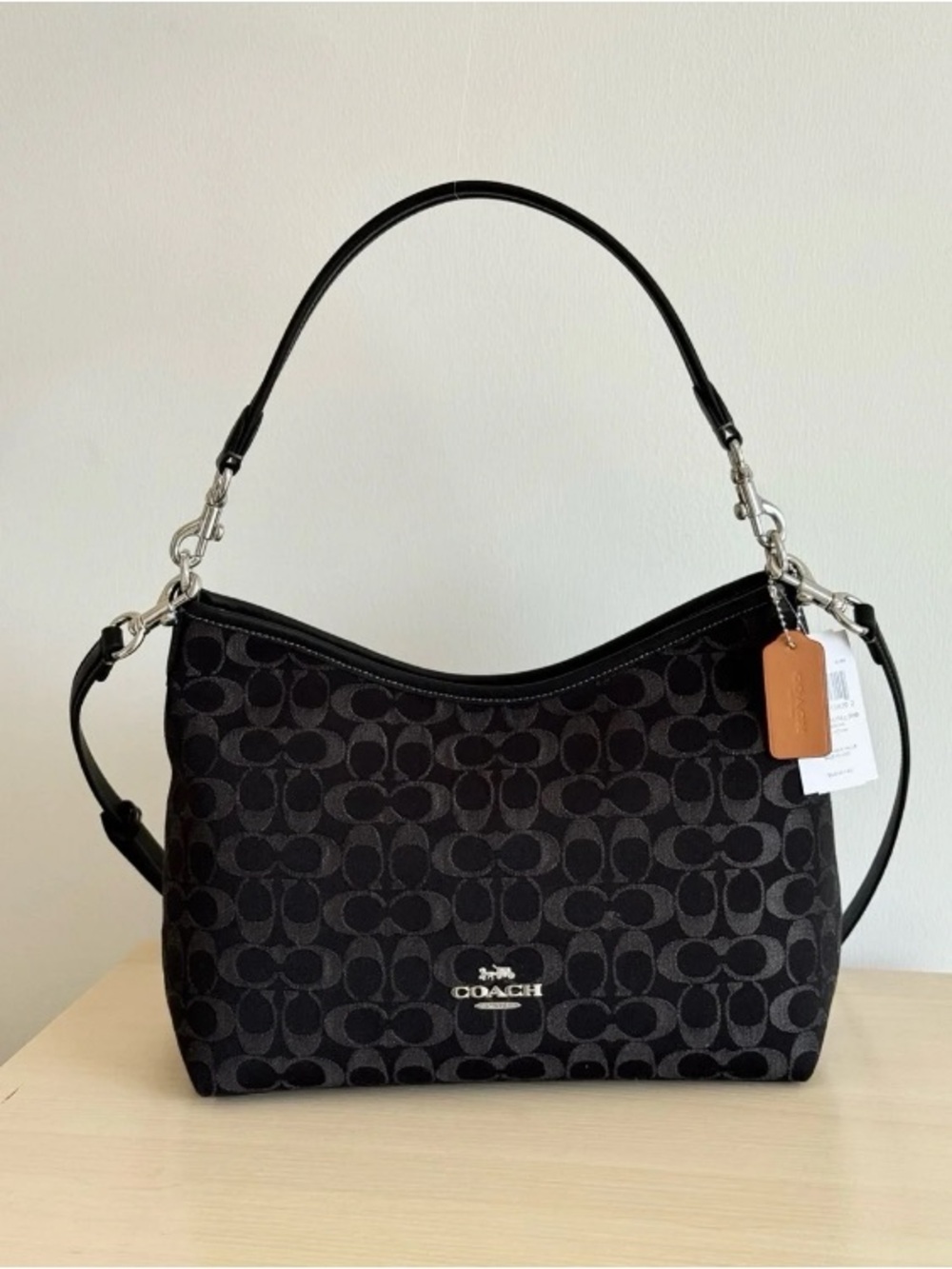 COACH Black Signature Canvas Hobo Shoulder Bag with Tan Leather Tag